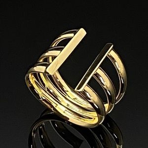 Solid 14K Yellow Gold 3 Band Wide Open  Ring 7-8”